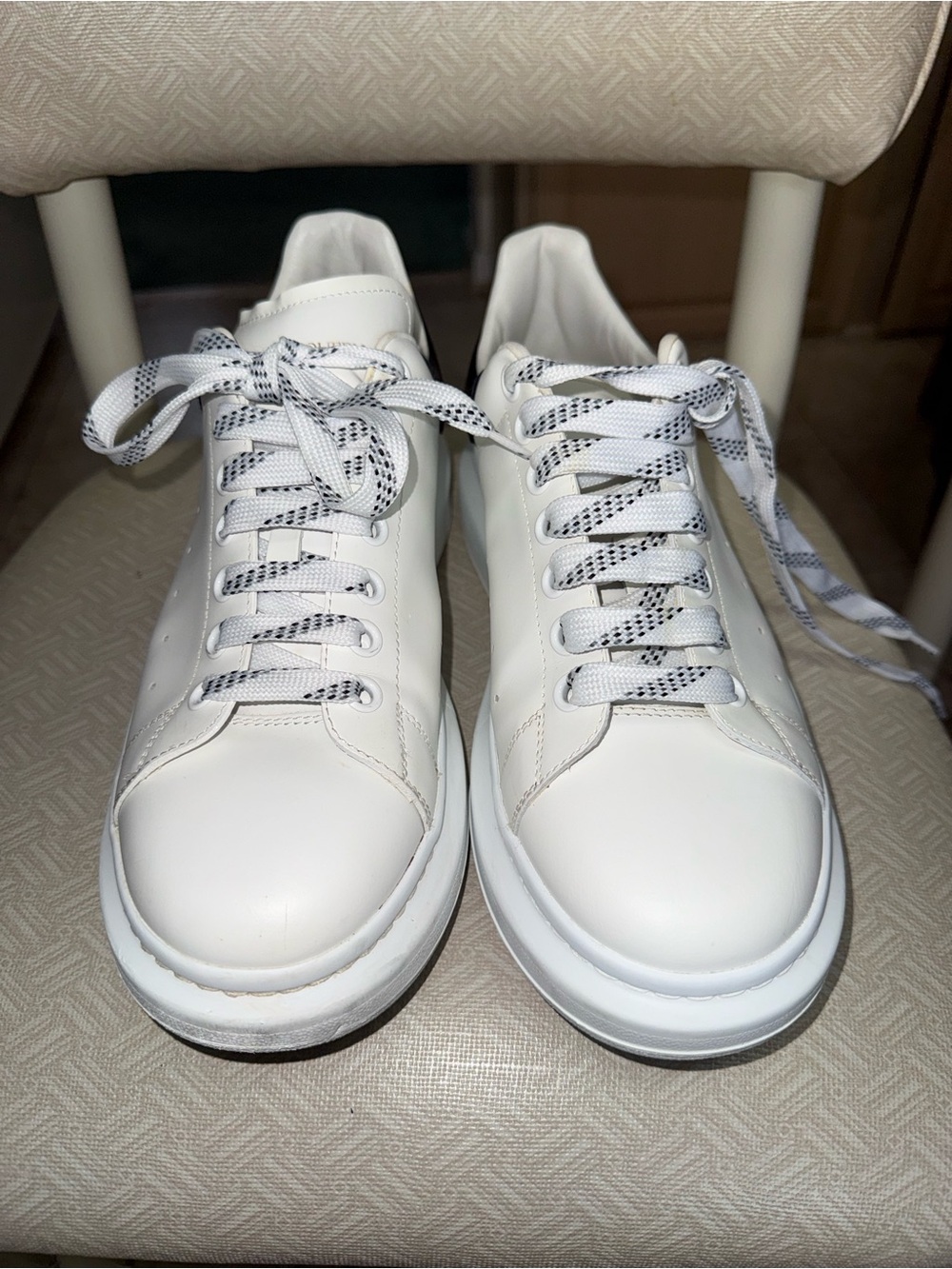 Alexander McQueen White Leather Sneakers with Black-Patterned Laces